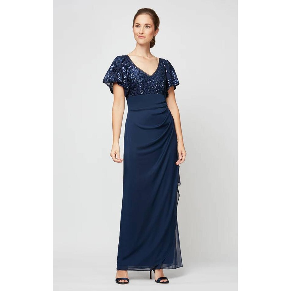 Alex Evenings Irene Embroidered Sequin Gown Navy Blue Sleeve Dress‎ 14 NWT